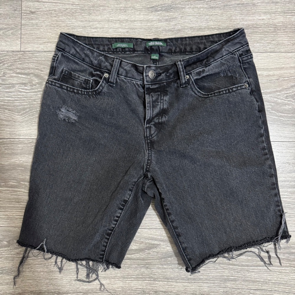 100% Cotton Black Denim‎ Shorts Sz 8 Women Mid Rise Distressed Cut Off EasyRigid